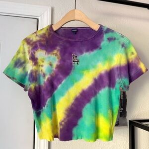 Blue Marlin vintage LA embroidered tie dye cropped rib ribbed crew neck baby tee